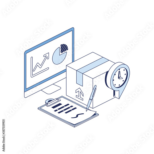 Sending place pin map time clock plan document computer screen charts. Vector 3d line isometric, color web icons set, new flat style. Creative illustration, idea for infographics.