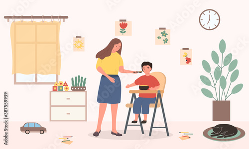 A woman, mother or nanny, feeds a child sitting in a feeding chair. Flat cartoon vector illustration. © Rudzhan