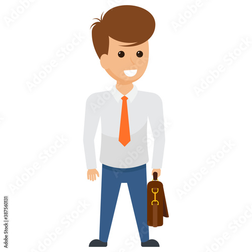 
A male avatar holding a briefcase standing with a smile depicting satisfied businessman.  
