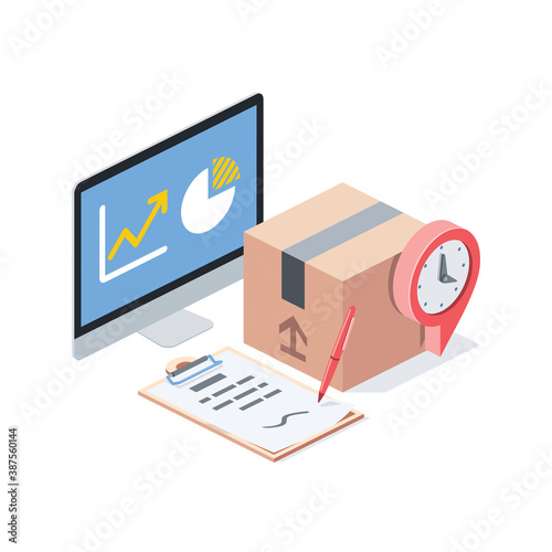 Sending place pin map time clock plan document computer charts. Vector 3d isometric, color web icons set, new flat style. Creative illustration, idea for infographics.