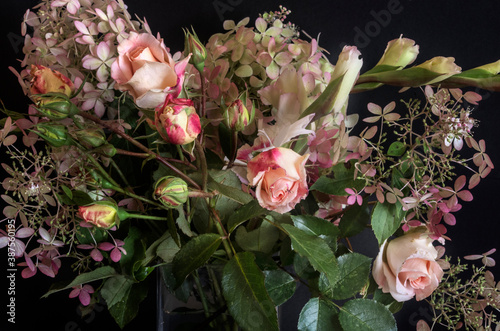 Lyrical bouquet. Roses and hydrangeas
