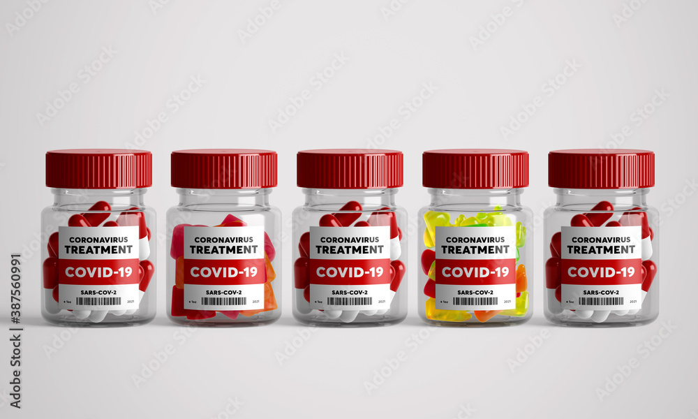 Bottle with CORONAVIRUS COVID-19 treatment pills Bottle with CORONAVIRUS COVID-19 treatment pills