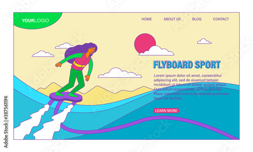 Flyboard sport vector concept. Flat cartoon vector illustration. Web page, website or landing page template.