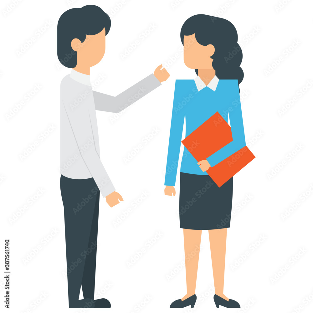 Two human avatars in different colored official dresses showing gestures of talking and sharing ideas
Two human avatars in different colored official dresses showing gestures of talking and sharing ideas