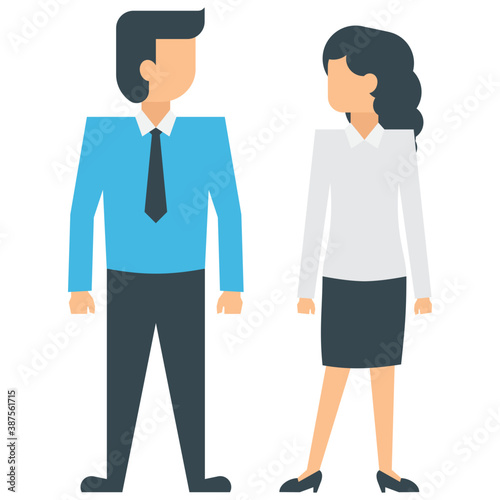 
Two human avatars in different colored official dresses showing gestures of talking and sharing ideas
