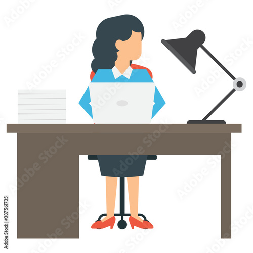 
Female office worker sitting on her office desk best icon to describe working 
