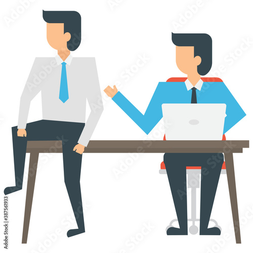 
Two human avatars in different colored official dresses showing gestures of talking and sharing ideas
