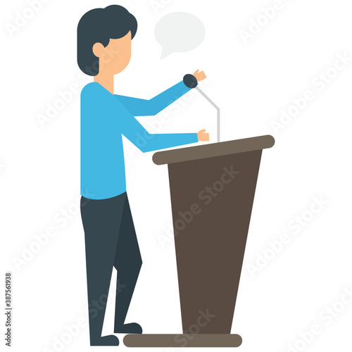 
An orator businessman standing on podium addressing the audience 
