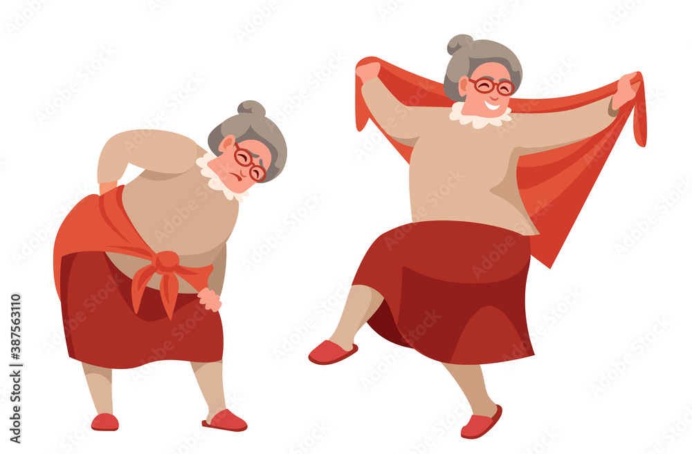 an elderly woman bent over, tied a scarf on the lower back, holds her sore back with her hand, a healthy grandmother is dancing an elderly woman bent over, tied a scarf on the lower back, holds her sore back with her hand, a healthy grandmother is dancing