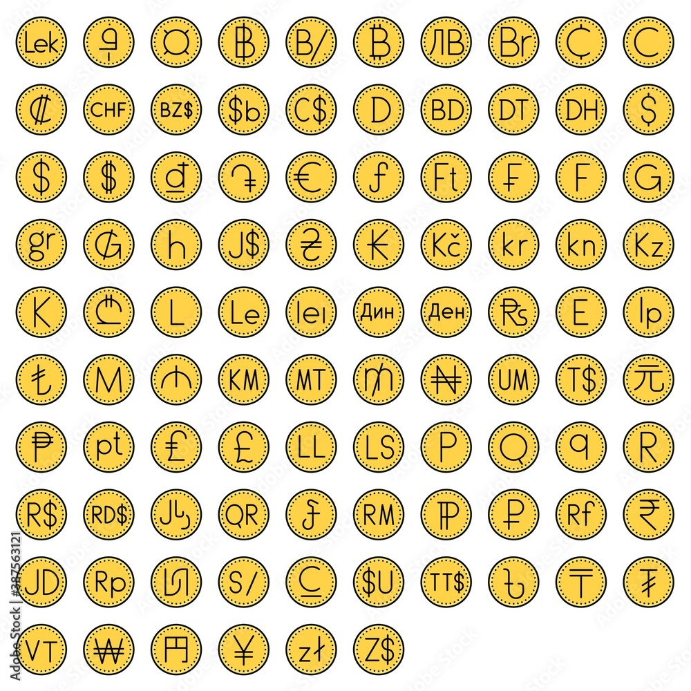 Coin with currency symbol vector icon set Coin with currency symbol vector icon set