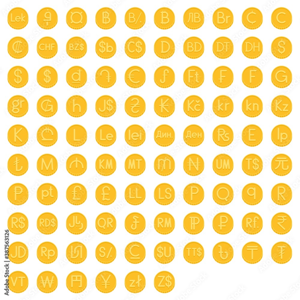 Coin with currency symbol vector icon set Coin with currency symbol vector icon set