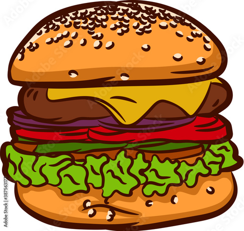 Delicious and juicy burger.   Isolated on white background, there is a place for printing. illustration in ink hand drawn style