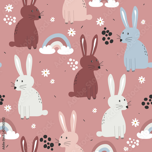 Bunnies and flowers  hand drawn backdrop. Colorful seamless pattern with animals. Decorative cute wallpaper  good for printing. Overlapping background vector. Design illustration  rabbits