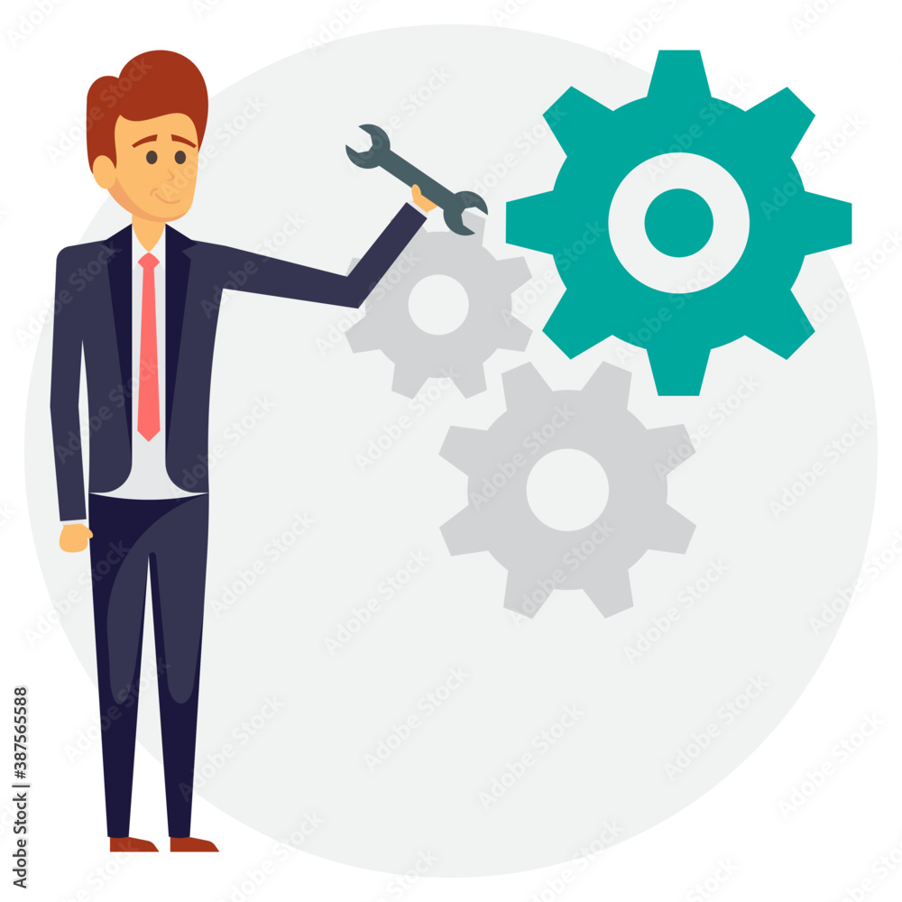 Project manager standing next to gears with showing management of employee or team development idea
Project manager standing next to gears with showing management of employee or team development idea