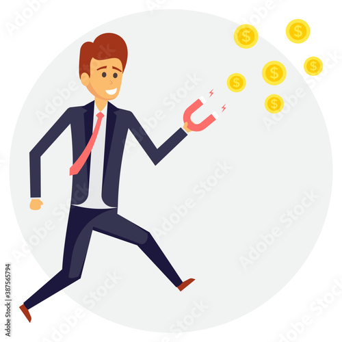 
Happy employee standing with horseshoe magnet in hand and attracting surplus, money and magnetizing profit
