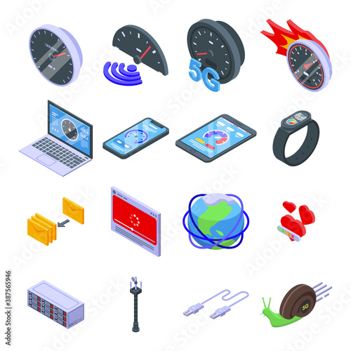 Internet speed icons set. Isometric set of internet speed vector icons for web design isolated on white background