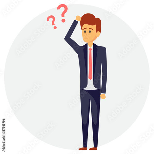 
A businessman avatar with question mark on head showing his confused gesture
