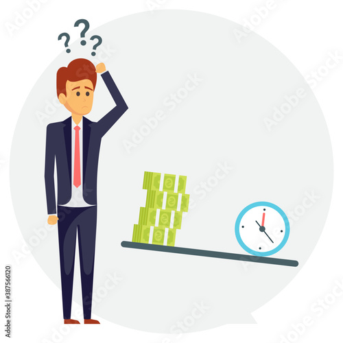 
A businessman standing confused next to clock and notes bundle, time vs money choices
