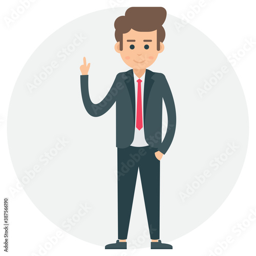 
Efficient manager standing with one hand in pocket giving contented and pointing with other hand 
