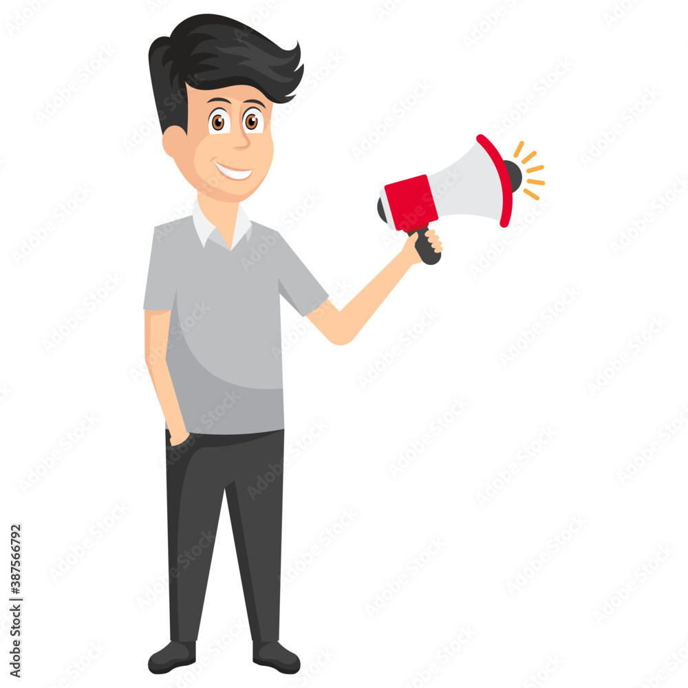 Businessman avatar holding loudspeaker making important announcement.
Businessman avatar holding loudspeaker making important announcement.