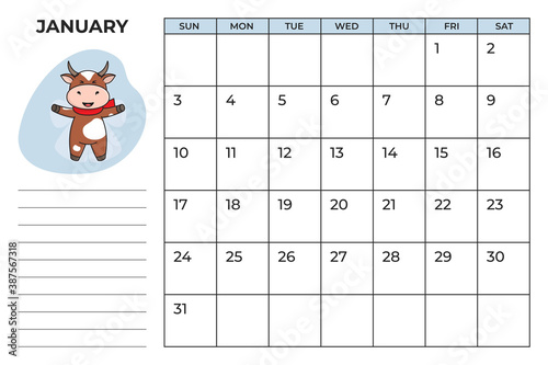 Printable A4 planner page for January 2021 with a cute bull, cow or ox, the symbol of the new year 2021 according to the Chinese calendar. Ready-to-print vector stock calendar page