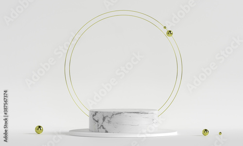 3D rendering white podium geometry with gold elements. Empty showcase, marble pedestal platform display. Product presentation blank podium. Minimal scene round step floor abstract composition.