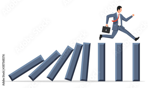 Businessman running away from falling domino. Domino chain reaction effect in business. Crisis management, finance intervention, tax, debt, fee and bankruptcy. Vector illustration in flat style