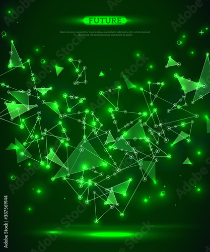 Abstract polygonal space green background with connecting dots and lines. Vector illustration. Futuristic technology wireframe mesh. Geometric Modern Technology Concept. Digital Data Visualization.