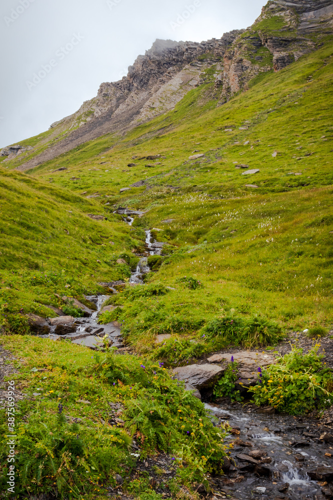 Small stream in the green hills of the Valais Alps of Switzerland near First. 