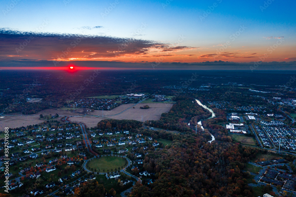 Aerial Drone of Plainsboro Princeton Foliage Sunset