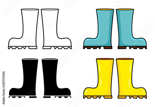 Wellington rain boot cartoon illustration isolated on white background. Rubber boots set vector clip art.