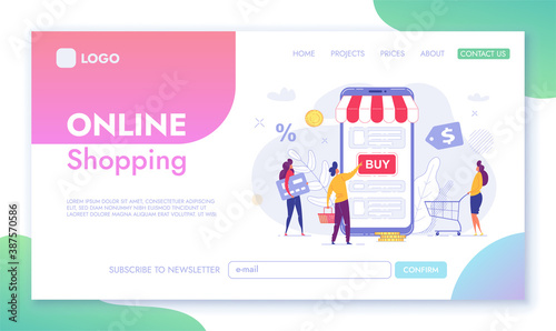 Landing Page template of Online Shopping.Tiny Male and Female Characters shop through the big phone. Concept of web page design for website and mobile website. Cartoon Flat Character Vector Illustrati