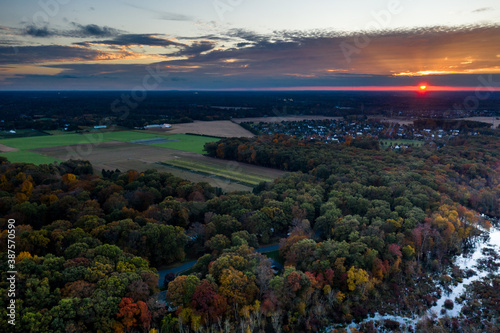 Aerial Drone of Plainsboro Princeton Foliage Sunset