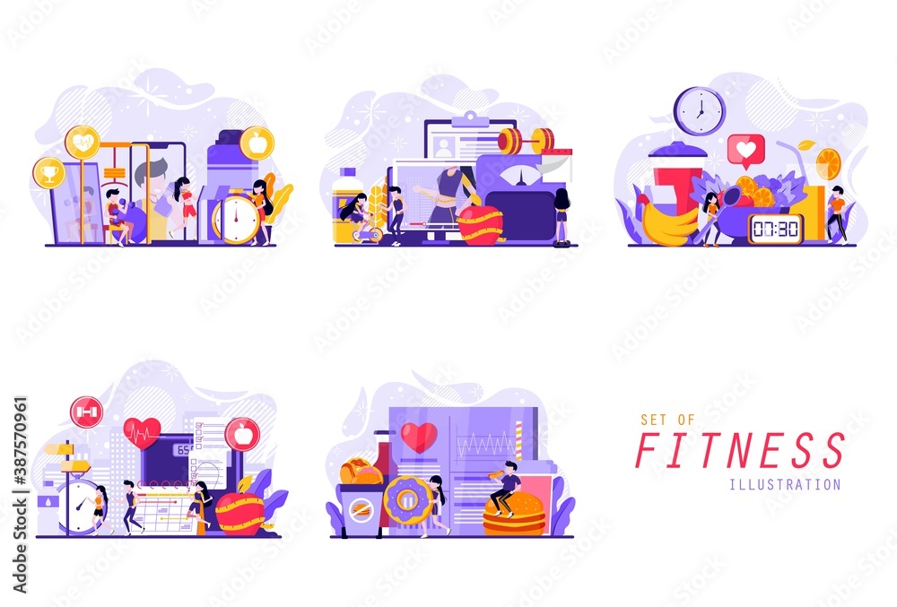 a collection of designs about fitness and several other things that are considered in the form of tiny people illustrations. Vector illustration