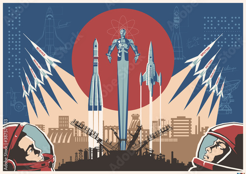Old Soviet Space Propaganda Posters Style Illustration, Cosmonaut, Space Rockets, Launching Pad, Astronaut Helmet