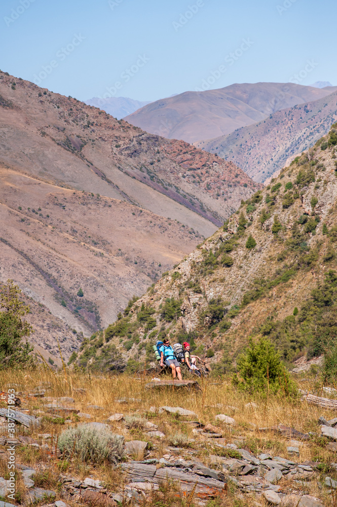 Woman resting on trip. Group of young hikers trekking in mountains. Two women two men backpacking in summer near Sary Chelek lake, Sary-Chelek Jalal Abad region, Kyrgyzstan, Trekking in Central Asia.
