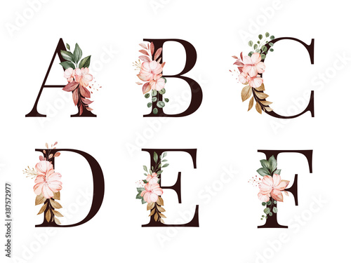 Watercolor floral alphabet set of A, B, C, D, E, F with red and brown flowers and leaves. Flowers composition for logo, cards, branding, etc. photo