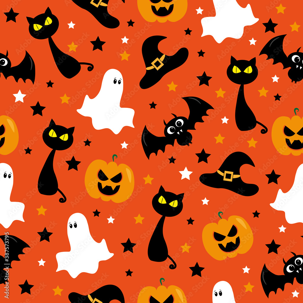 Halloween seamless pattern design with ghost, bat, pumpkin, witch hat and black cat. Good for wall and wrapping paper, party decoration. Halloween seamless pattern design with ghost, bat, pumpkin, witch hat and black cat. Good for wall and wrapping paper, party decoration.