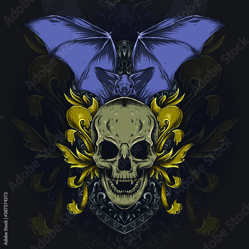 artwork illustration and t-shirt design skull and bat engraving ornament