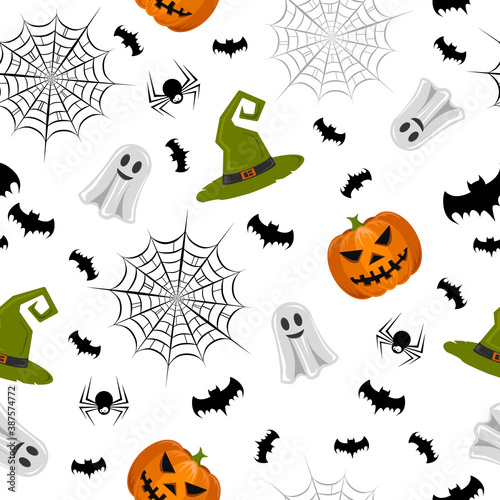 Halloween seamless background with pumpkin, spider webs, bats and witch hat. For gift paper, textiles, clothes, social networks, wallpaper, prints, festive decor