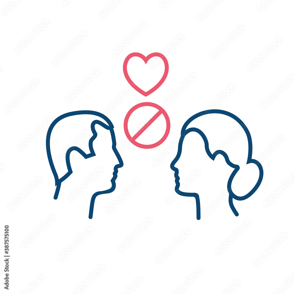 Warning red sign. Kiss is prohibited. Man and woman black line icon. Precautionary measures. Spread of disease. Prevention covid-2019. Vector illustration flat design. Isolated on white background.