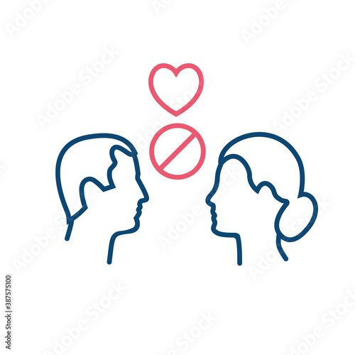 Fototapeta Naklejka Na Ścianę i Meble -  Warning red sign. Kiss is prohibited. Man and woman black line icon. Precautionary measures. Spread of disease. Prevention covid-2019. Vector illustration flat design. Isolated on white background.
