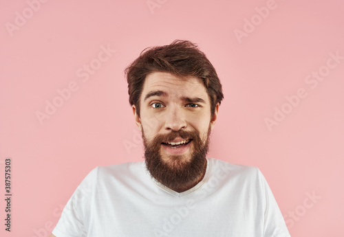Guy in a white t-shirt emotions thick beard life energy model © SHOTPRIME STUDIO