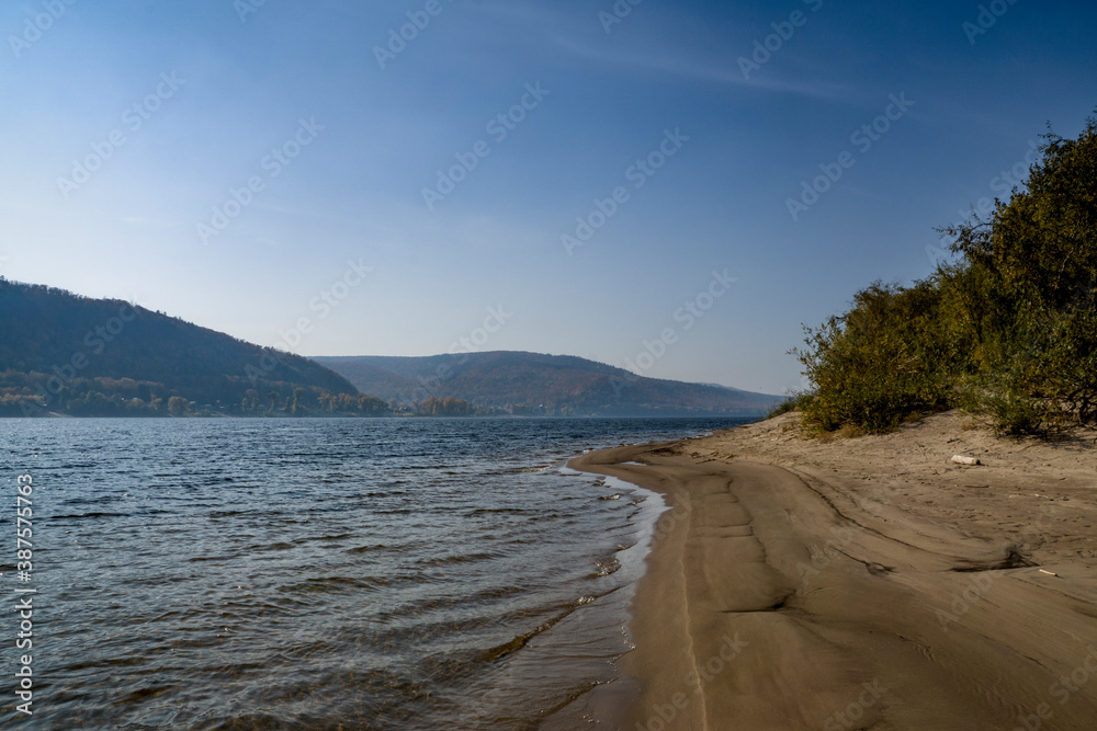 autumn, October, nature, landscape, day, sky, walk, travel, river, water, waves, glare, light, shadow, island, sand, opposite, coast, mountains, trees, distance, height, space