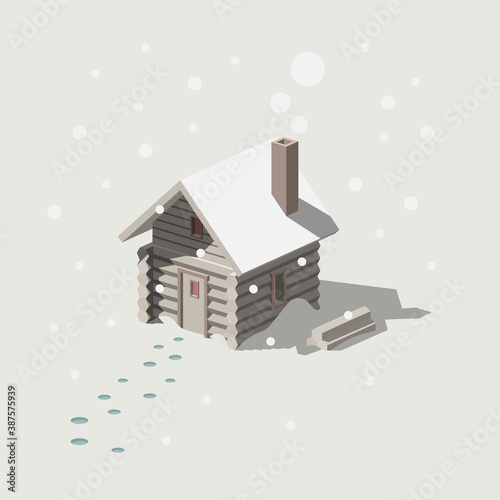 Isometric Wood Shack In Winter Snow