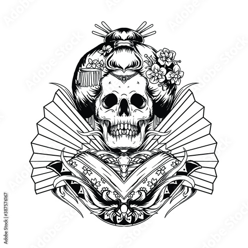tattoo and t-shirt design black and white hand drawn skeleton geisha engraving ornament