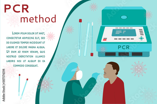 Collection of tests for the Cavid-19 coronavirus using PCR or polymerase chain reaction performed by medical professionals, doctors, or nurses. flat vector illustrations. Space for text