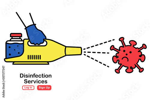 Disinfection services concept black line icon. Prevention controlling epidemic of coronavirus covid-2019. Worker in chemical protection disinfects. Vector illustration flat design. Cleaner in hand.