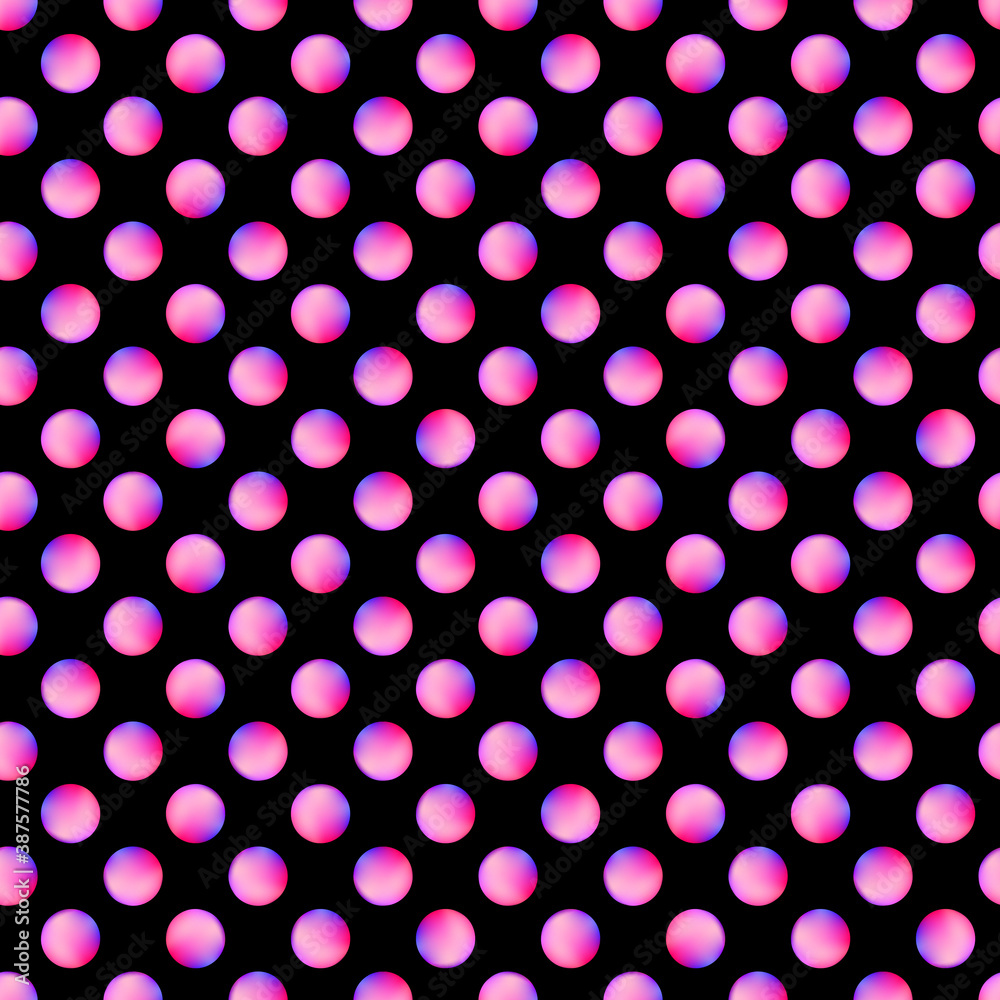 Abstract fashion polka dots background. Black seamless pattern with pink textured circles. Template design for invitation, poster, card, flyer, banner, textile, fabric. Halftone card.