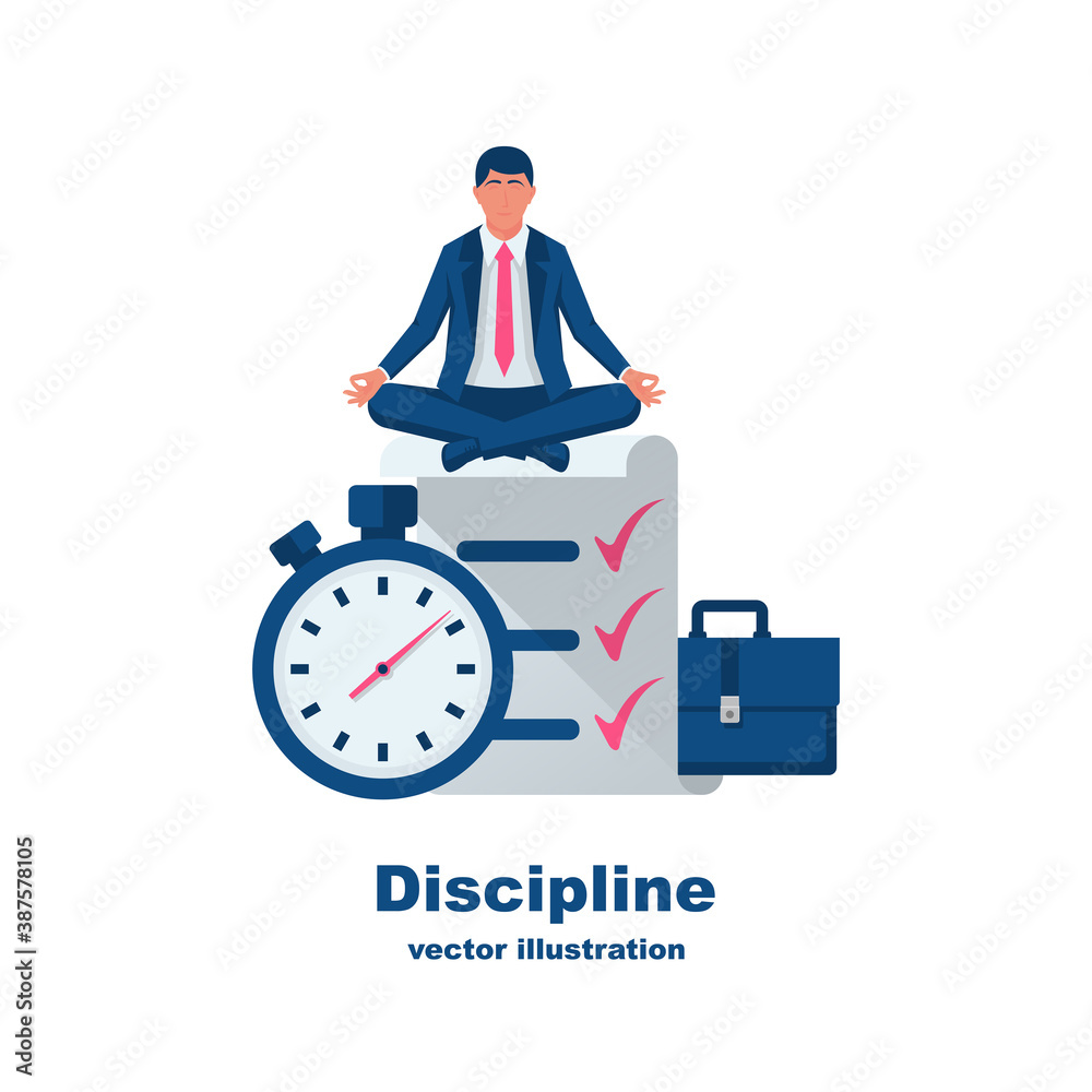Self discipline concept. All deal and tasks are completed. Vector illustration flat design. Isolated on white background. Control management character. Modern man controlling himself.
